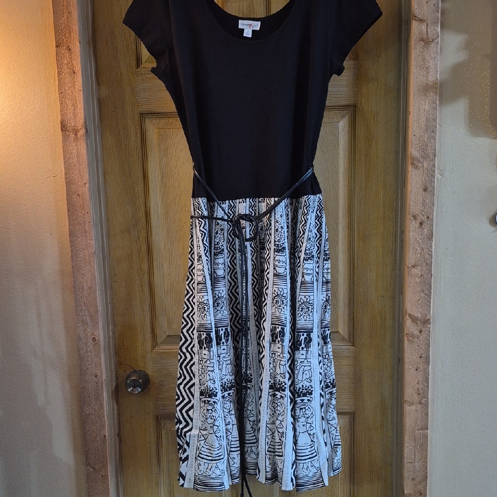 Coldwater Creek 16 Black White Patterned Midi Dress Short Sleeve Belted Artsy
